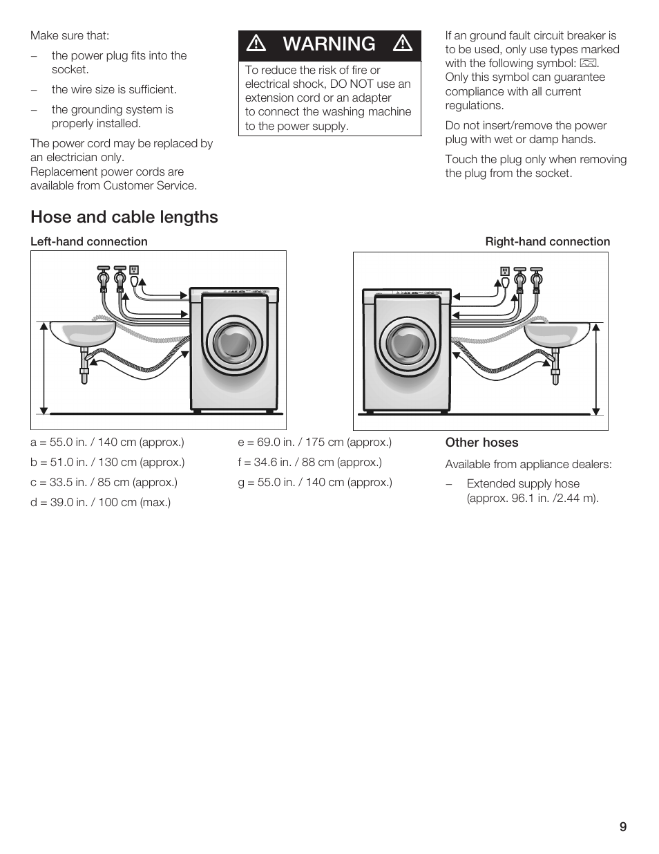 Warning, Hose and cable lengths | Bosch Nexxt DLX User Manual | Page 9 / 93