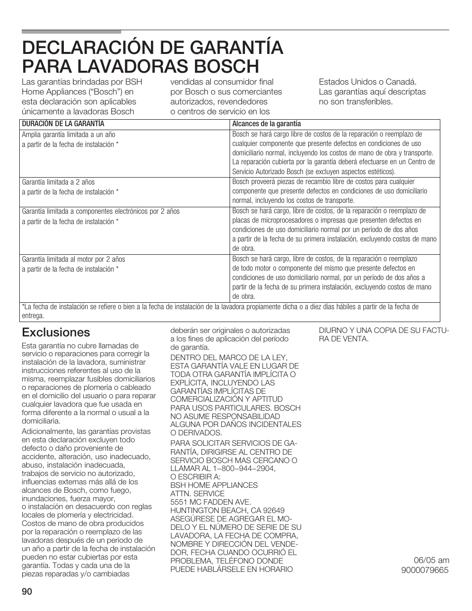 Declaración de garantía paraălavadoras bosch, Exclusiones | Bosch Nexxt DLX User Manual | Page 93 / 93