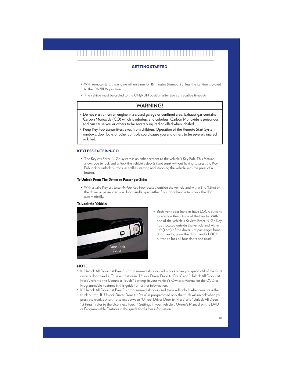 Keyless enter-n-go, To unlock from the driver or passenger side, To lock the vehicle | Warning | Chrysler 2011 300 SRT - User Guide User Manual | Page 11 / 92