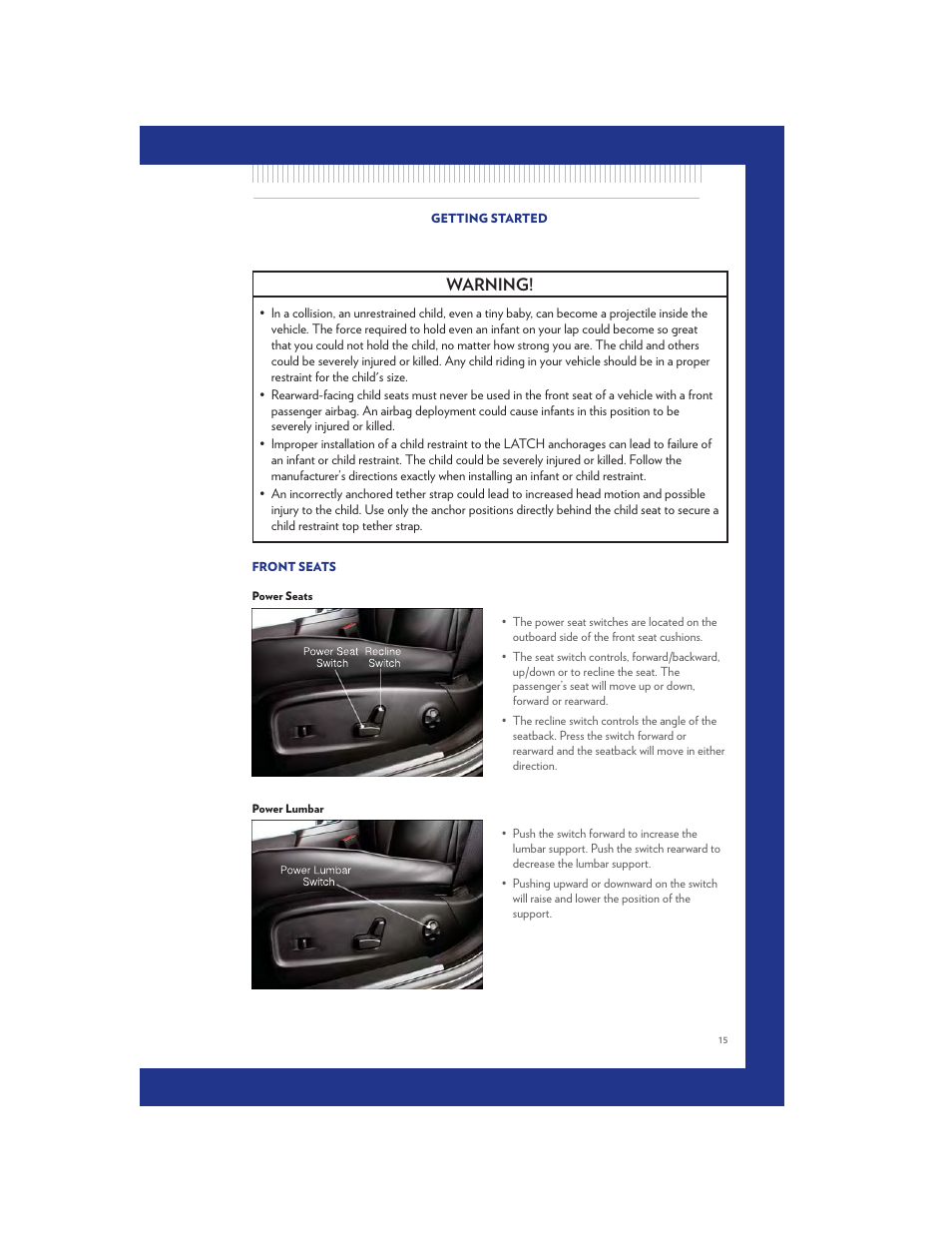 Front seats, Power seats, Power lumbar | Warning | Chrysler 2011 300 SRT - User Guide User Manual | Page 17 / 92