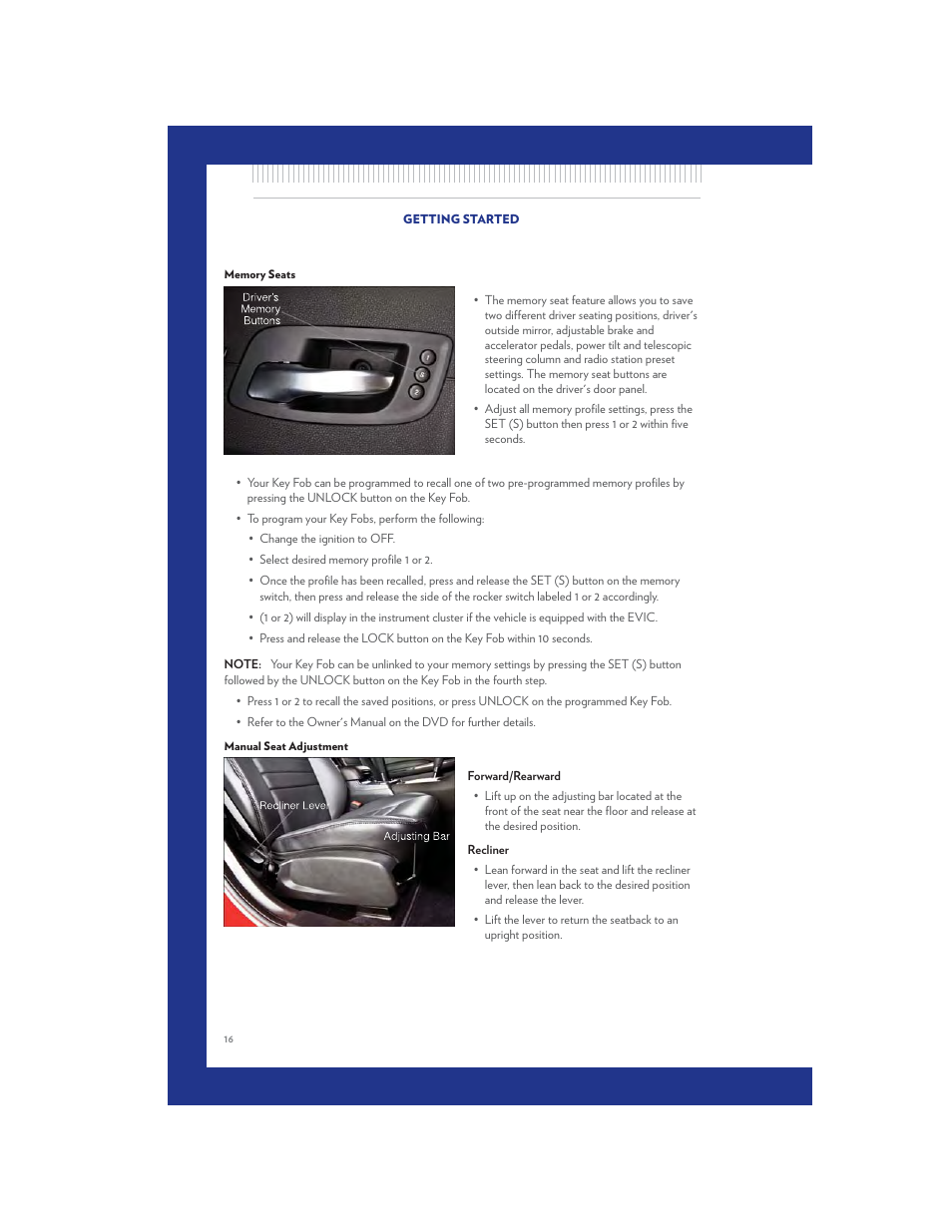 Memory seats, Manual seat adjustment | Chrysler 2011 300 SRT - User Guide User Manual | Page 18 / 92