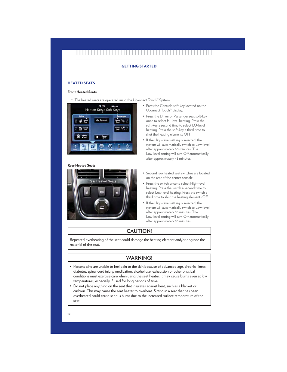 Heated seats, Front heated seats, Rear heated seats | Caution, Warning | Chrysler 2011 300 SRT - User Guide User Manual | Page 20 / 92