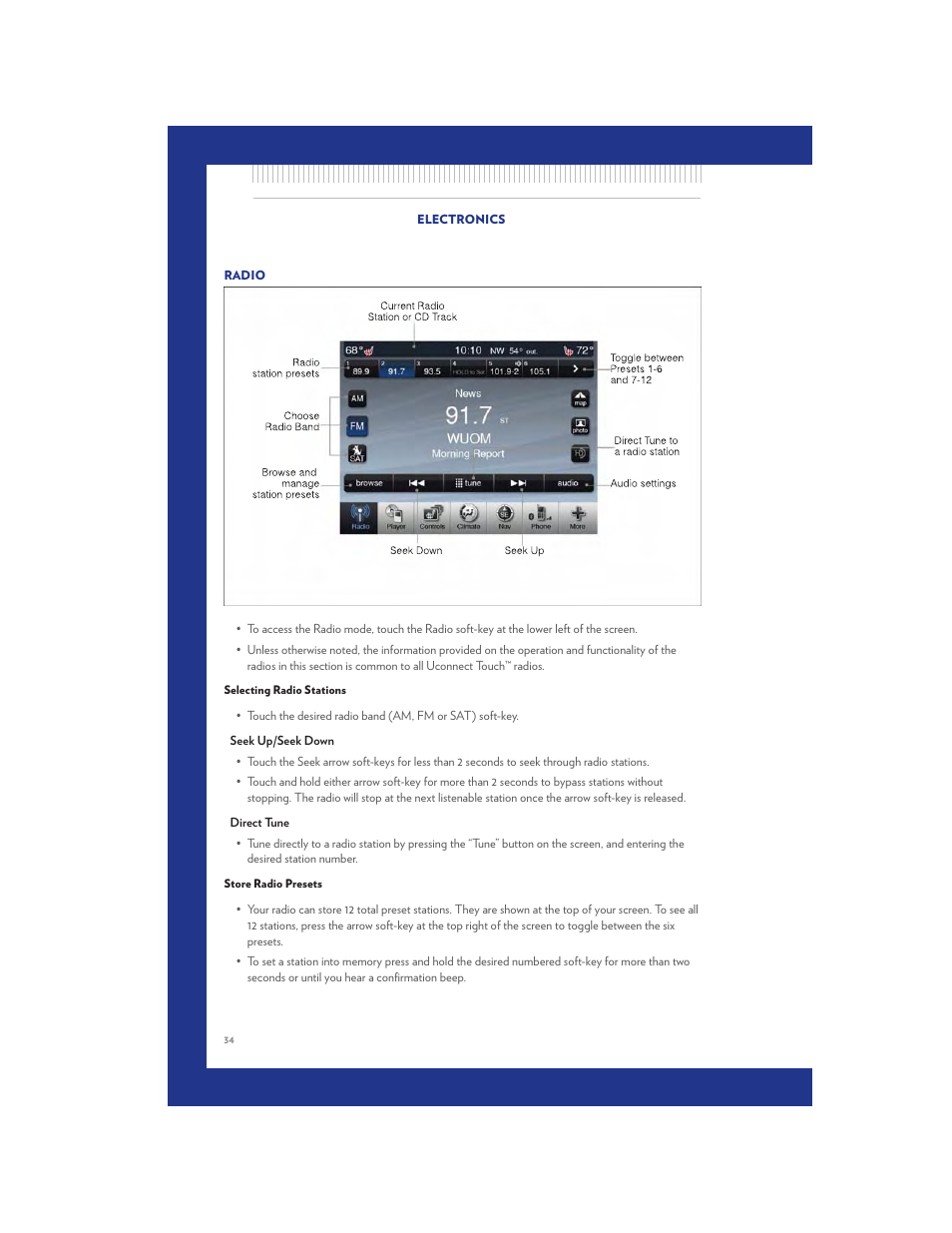 Radio, Selecting radio stations, Store radio presets | Chrysler 2011 300 SRT - User Guide User Manual | Page 36 / 92