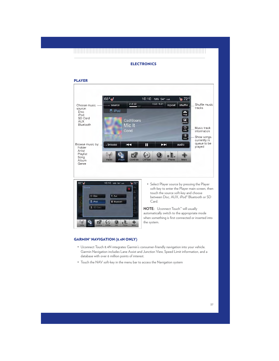 Player, Garmin® navigation (8.4n only) | Chrysler 2011 300 SRT - User Guide User Manual | Page 39 / 92