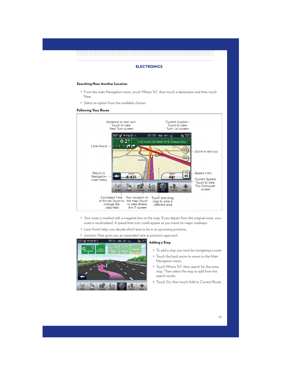 Searching near another location, Following your route, Adding a stop | Chrysler 2011 300 SRT - User Guide User Manual | Page 41 / 92