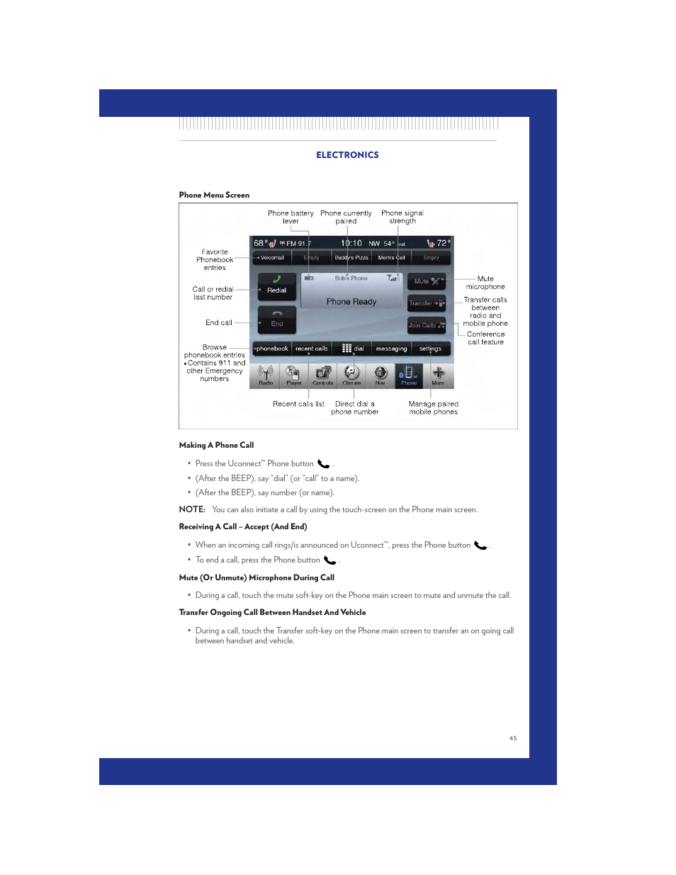 Phone menu screen, Making a phone call, Receiving a call – accept (and end) | Mute (or unmute) microphone during call, Transfer ongoing call between handset and vehicle | Chrysler 2011 300 SRT - User Guide User Manual | Page 47 / 92