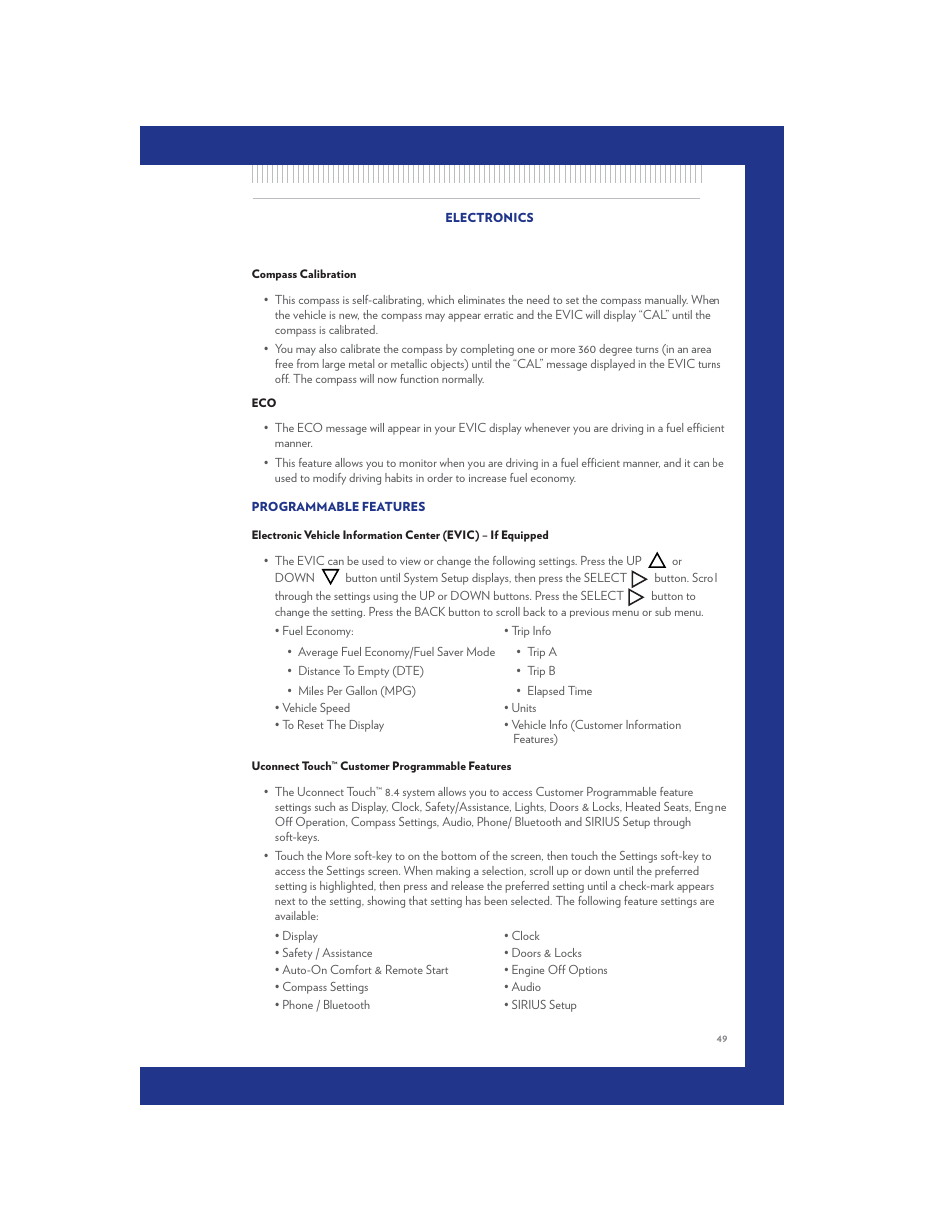 Compass calibration, Programmable features, Uconnect touch™ customer programmable features | Chrysler 2011 300 SRT - User Guide User Manual | Page 51 / 92
