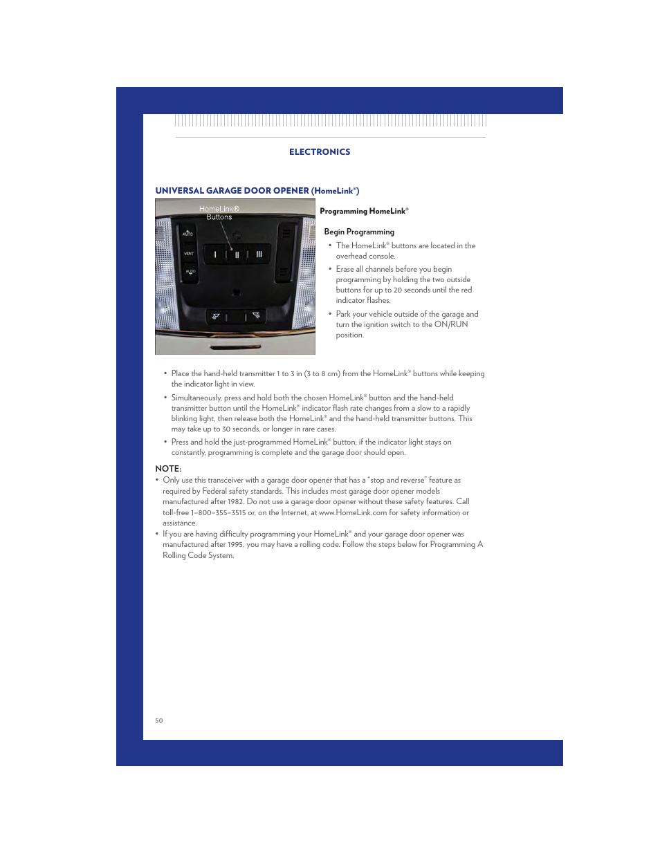 Universal garage door opener (homelink®), Programming homelink | Chrysler 2011 300 SRT - User Guide User Manual | Page 52 / 92