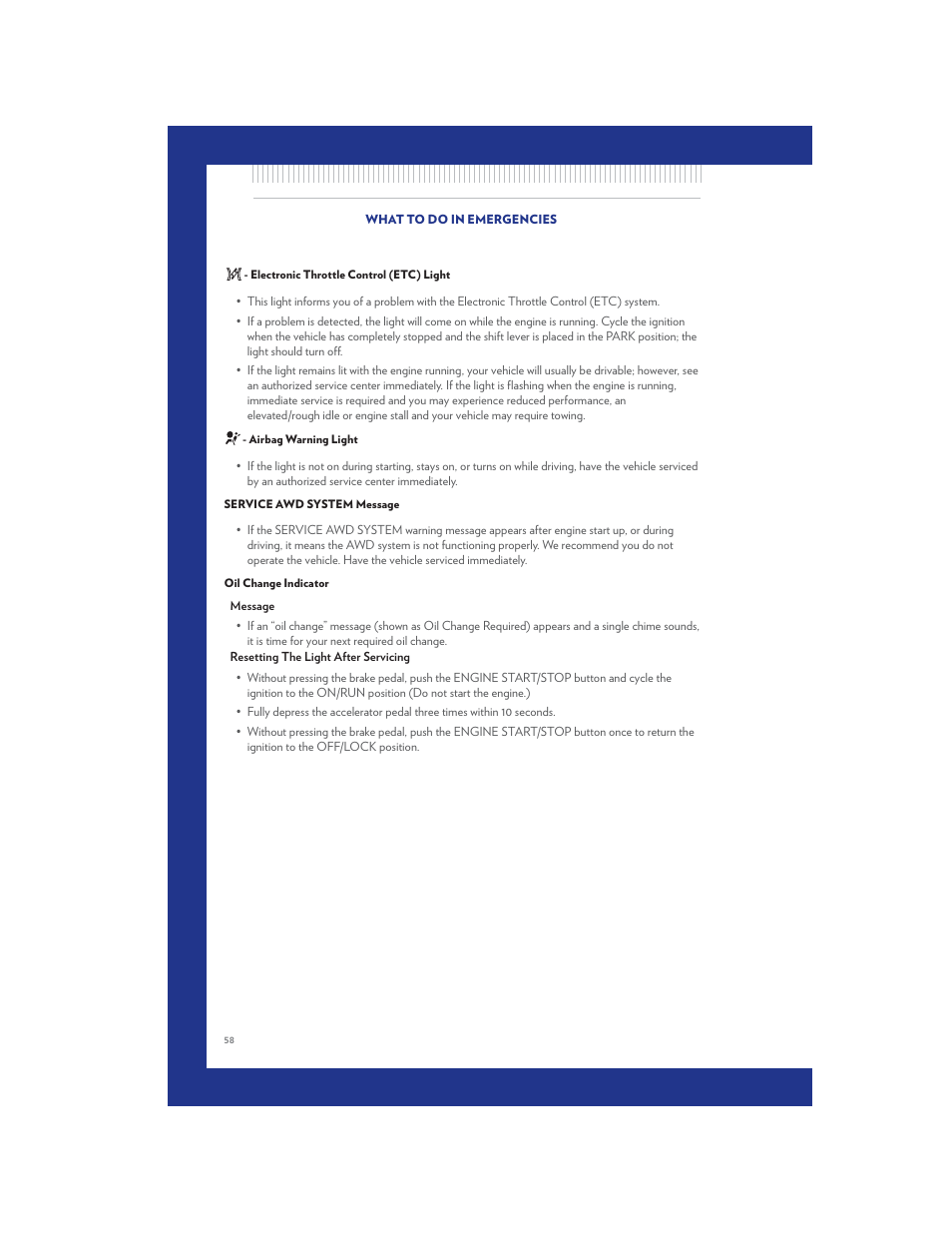Electronic throttle control (etc) light, Airbag warning light, Service awd system message | Oil change indicator | Chrysler 2011 300 SRT - User Guide User Manual | Page 60 / 92