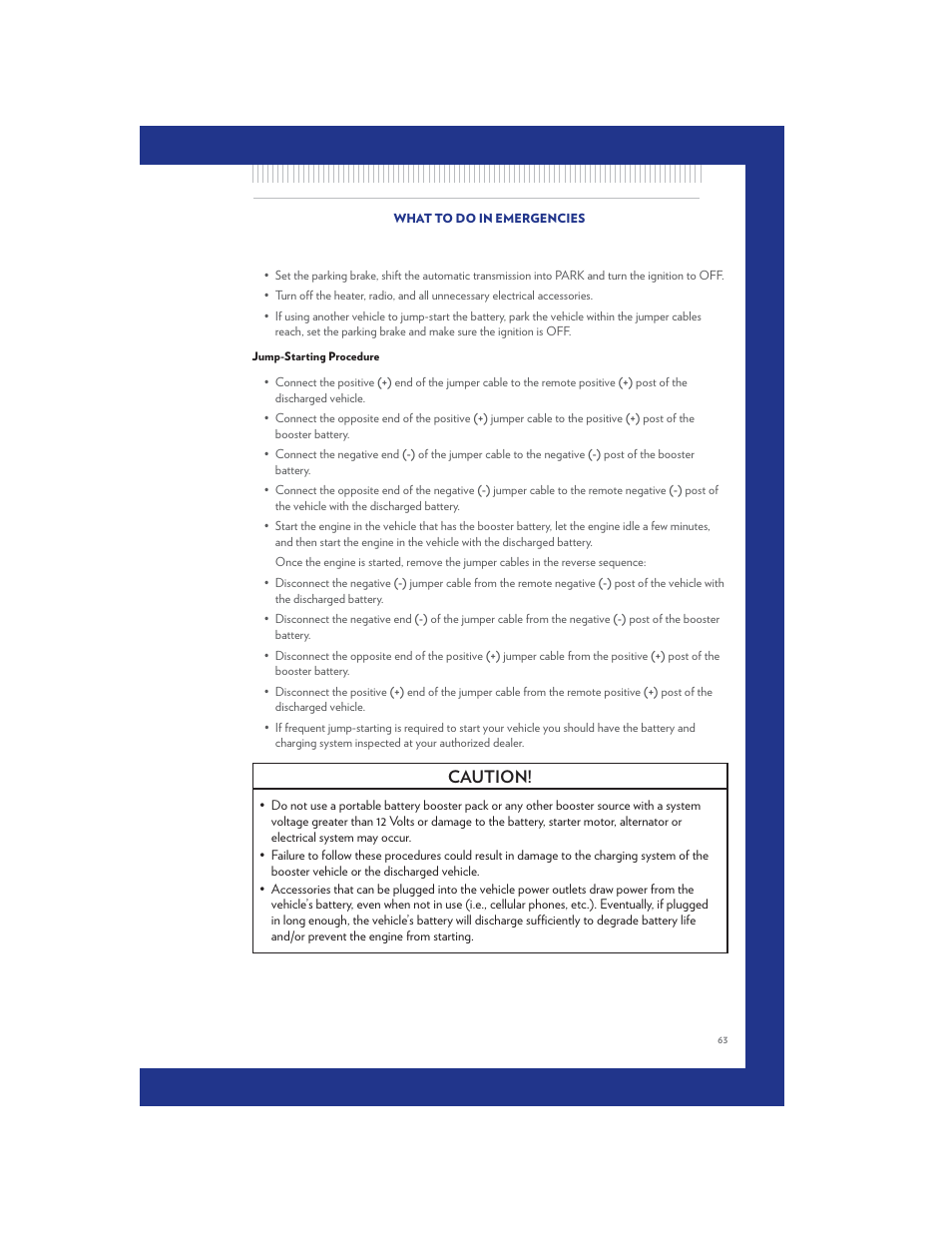 Jump-starting procedure, Caution | Chrysler 2011 300 SRT - User Guide User Manual | Page 65 / 92