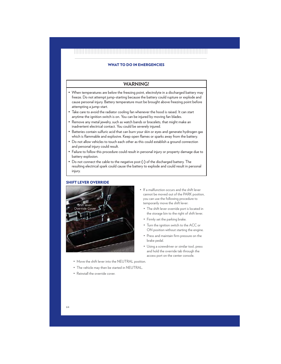 Shift lever override, Towing a disabled vehicle, Warning | Chrysler 2011 300 SRT - User Guide User Manual | Page 66 / 92