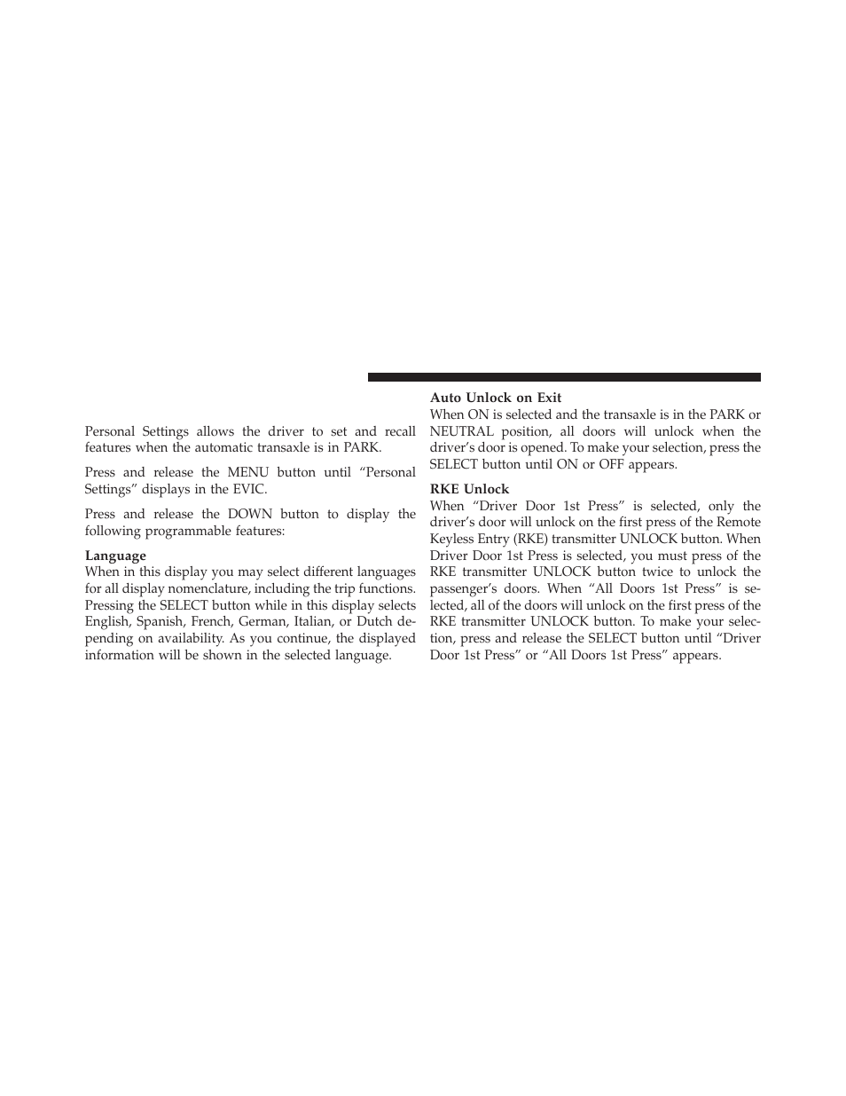 Personal settings (customer-programmable features), Personal settings, Customer-programmable features) | Chrysler 2011 200 - Owner Manual User Manual | Page 214 / 490