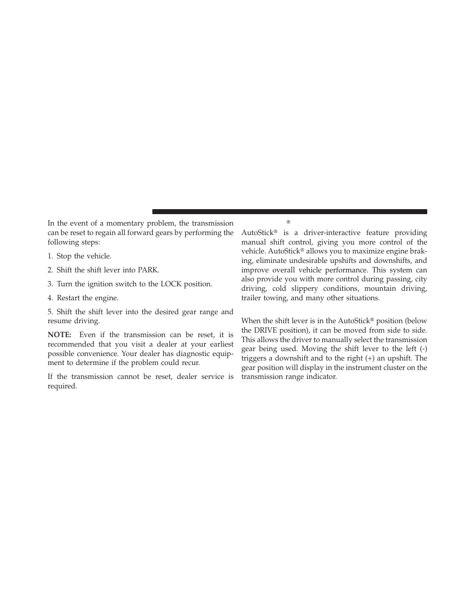 Autostickĥ — if equipped, Operation, Autostick௡ — if equipped | Chrysler 2011 200 - Owner Manual User Manual | Page 300 / 490