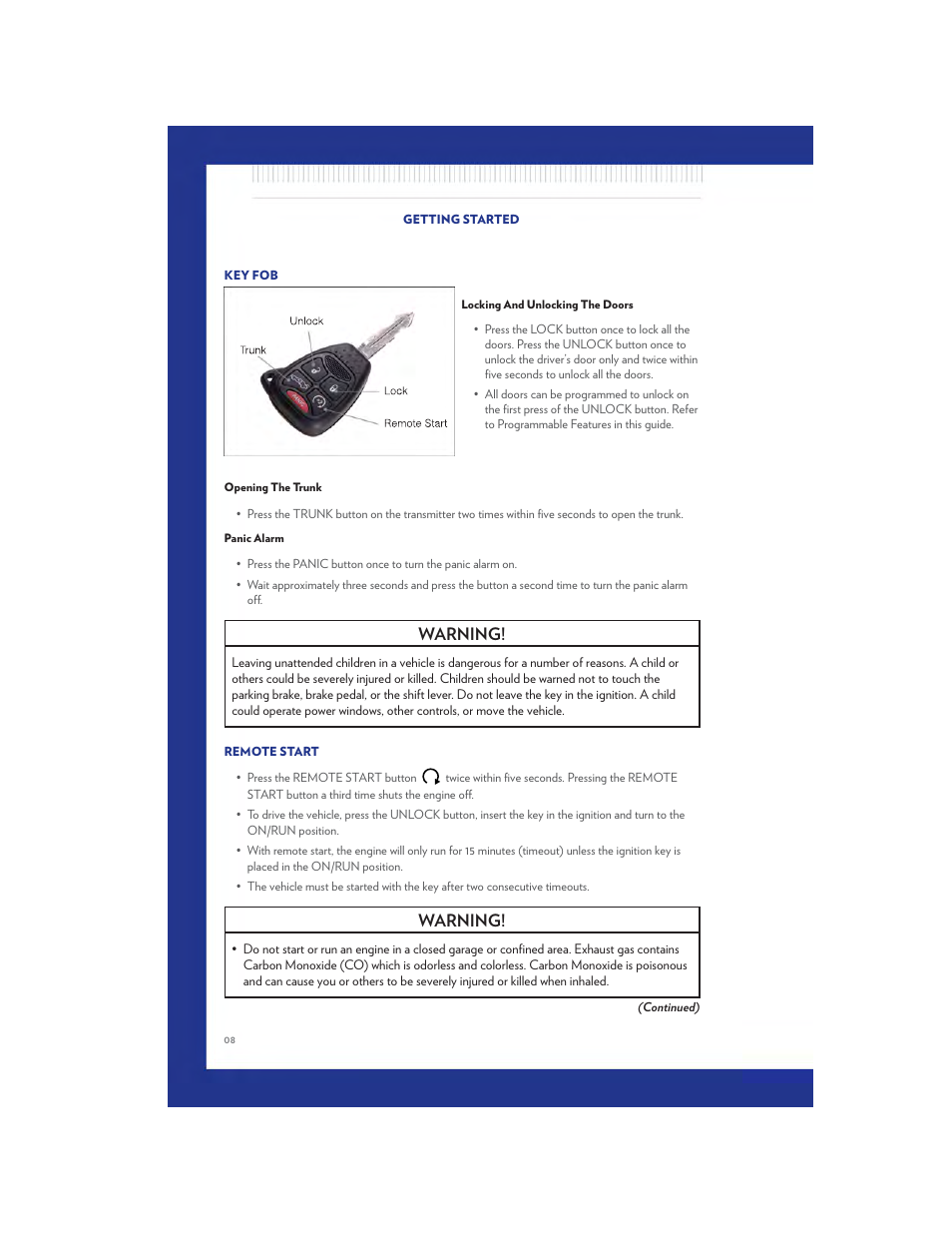 Getting started, Key fob, Locking and unlocking the doors | Opening the trunk, Panic alarm, Remote start, Warning | Chrysler 2011 200 - User Guide User Manual | Page 10 / 76