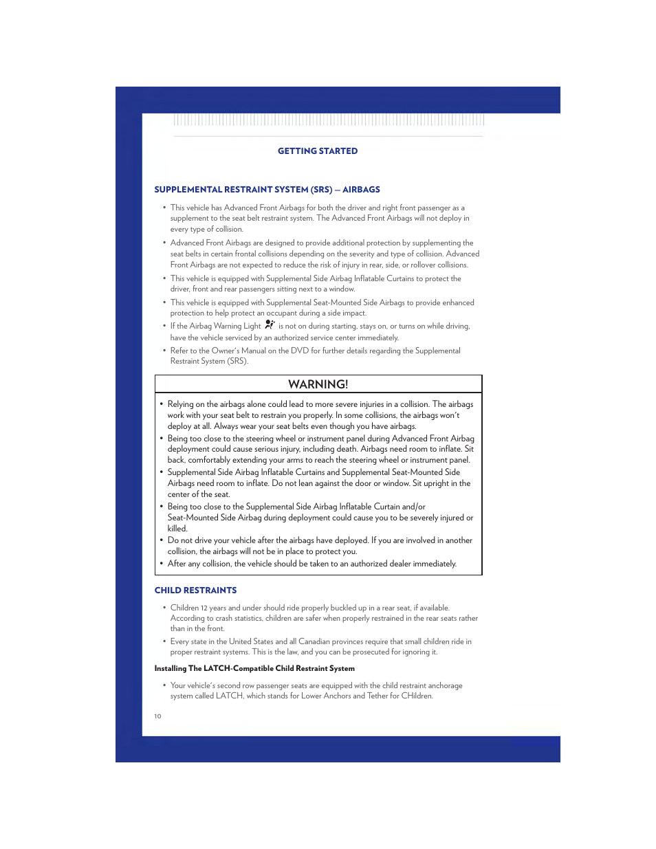 Supplemental restraint system (srs) — airbags, Child restraints, Warning | Chrysler 2011 200 - User Guide User Manual | Page 12 / 76