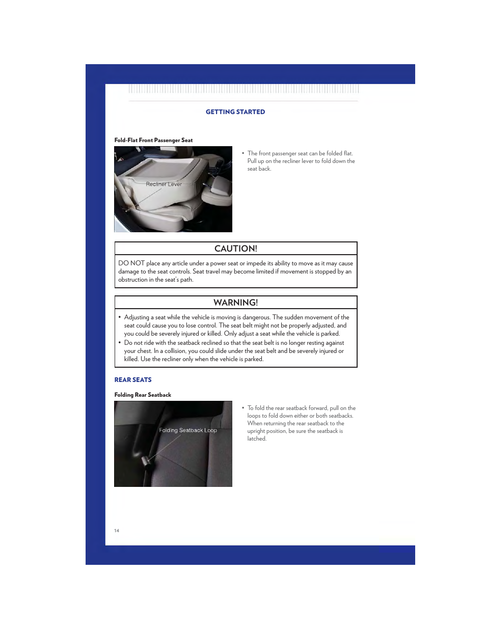 Fold-flat front passenger seat, Rear seats, Folding rear seatback | Caution, Warning | Chrysler 2011 200 - User Guide User Manual | Page 16 / 76