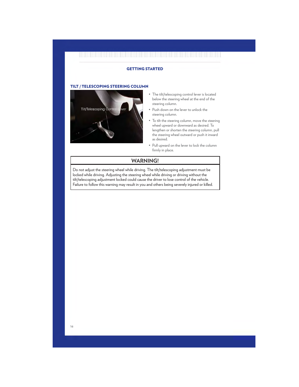 Tilt / telescoping steering column, Warning | Chrysler 2011 200 - User Guide User Manual | Page 18 / 76