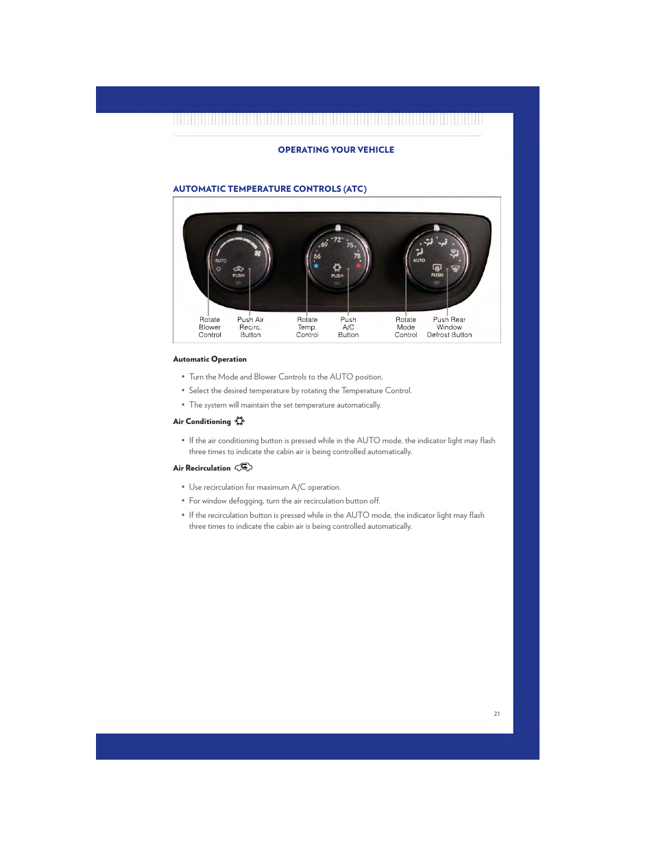 Automatic temperature controls (atc), Automatic operation, Air conditioning | Air recirculation | Chrysler 2011 200 - User Guide User Manual | Page 23 / 76