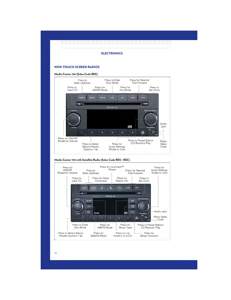 Non-touch-screen radios, Media center 130 (sales code res) | Chrysler 2011 200 - User Guide User Manual | Page 28 / 76