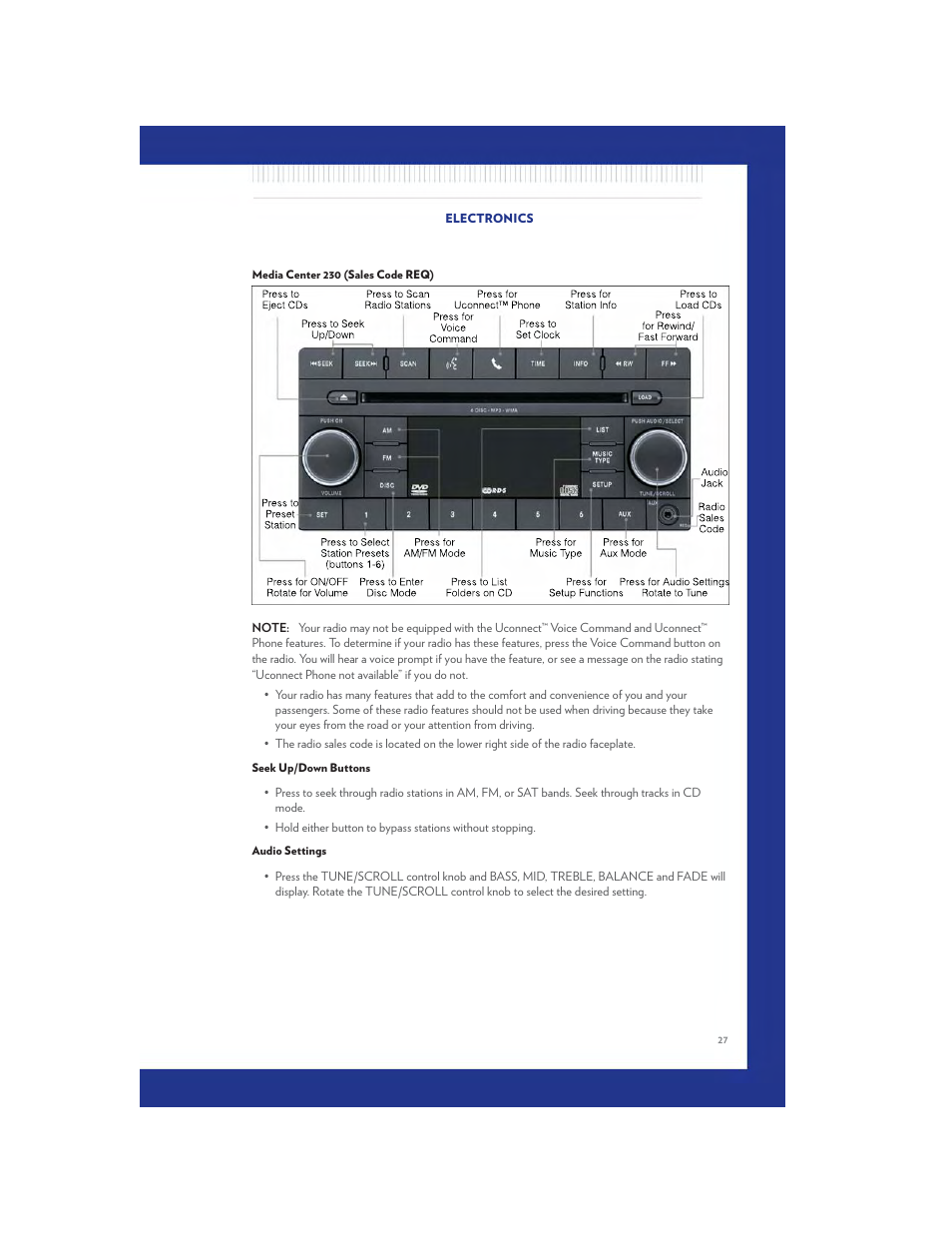 Media center 230 (sales code req), Seek up/down buttons, Audio settings | Chrysler 2011 200 - User Guide User Manual | Page 29 / 76