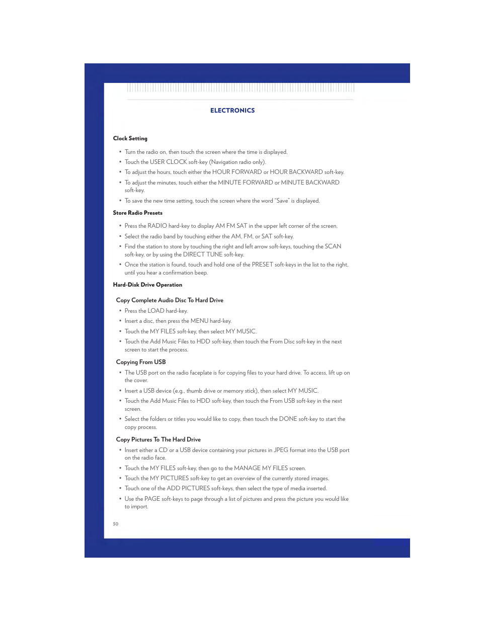 Clock setting, Store radio presets, Hard-disk drive operation | Chrysler 2011 200 - User Guide User Manual | Page 32 / 76