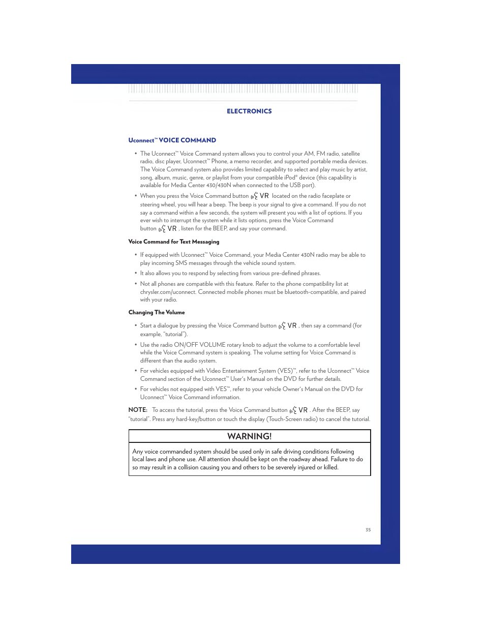 Uconnect™ voice command, Voice command for text messaging, Changing the volume | Warning | Chrysler 2011 200 - User Guide User Manual | Page 37 / 76