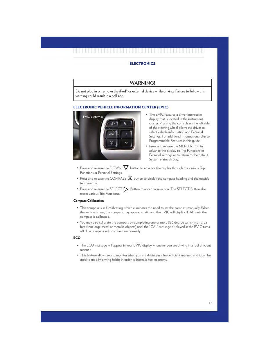 Electronic vehicle information center (evic), Compass calibration, Warning | Chrysler 2011 200 - User Guide User Manual | Page 39 / 76