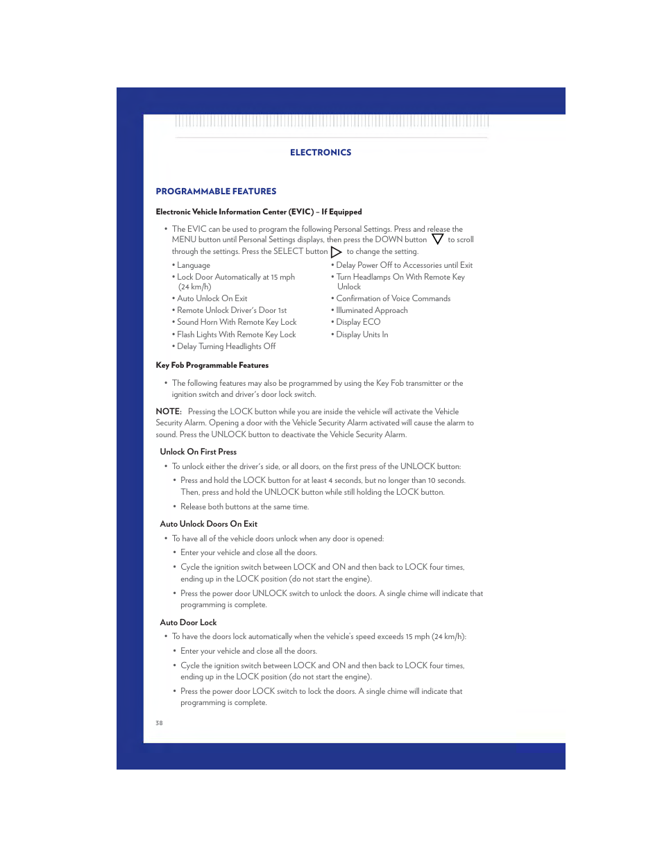 Programmable features, Key fob programmable features | Chrysler 2011 200 - User Guide User Manual | Page 40 / 76