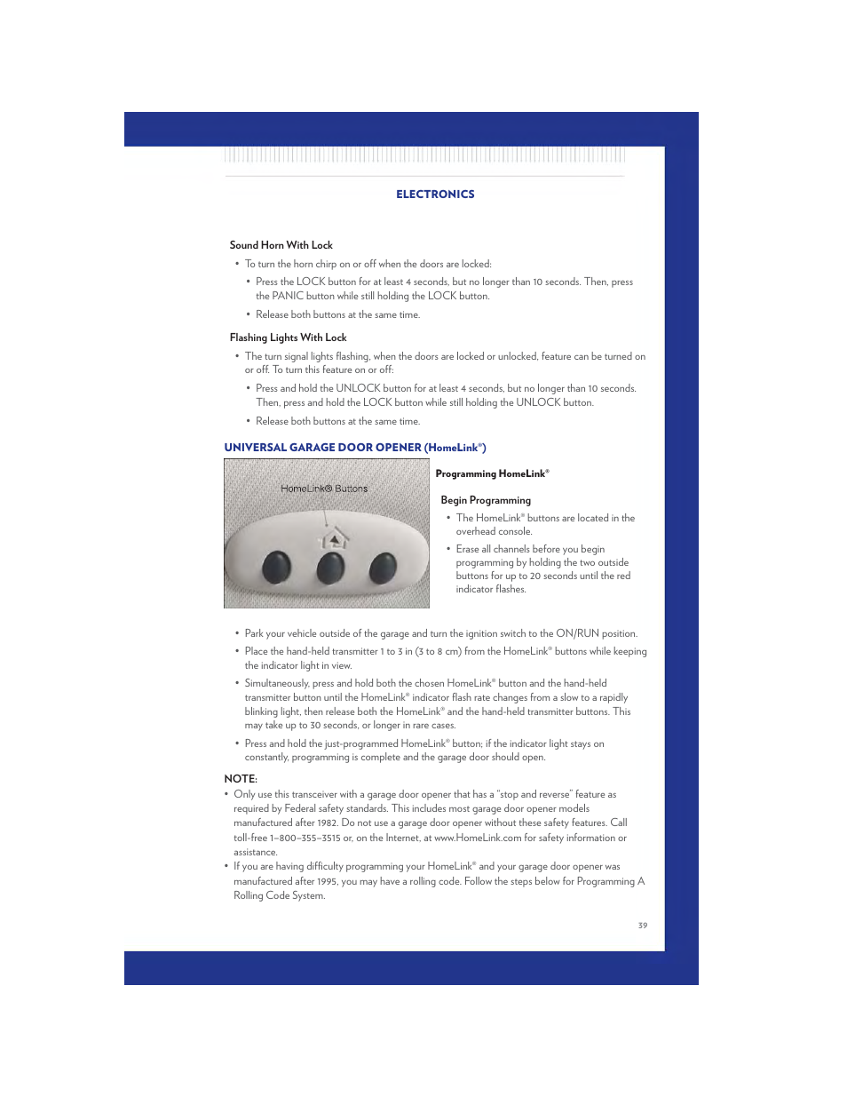 Universal garage door opener (homelink®), Programming homelink | Chrysler 2011 200 - User Guide User Manual | Page 41 / 76