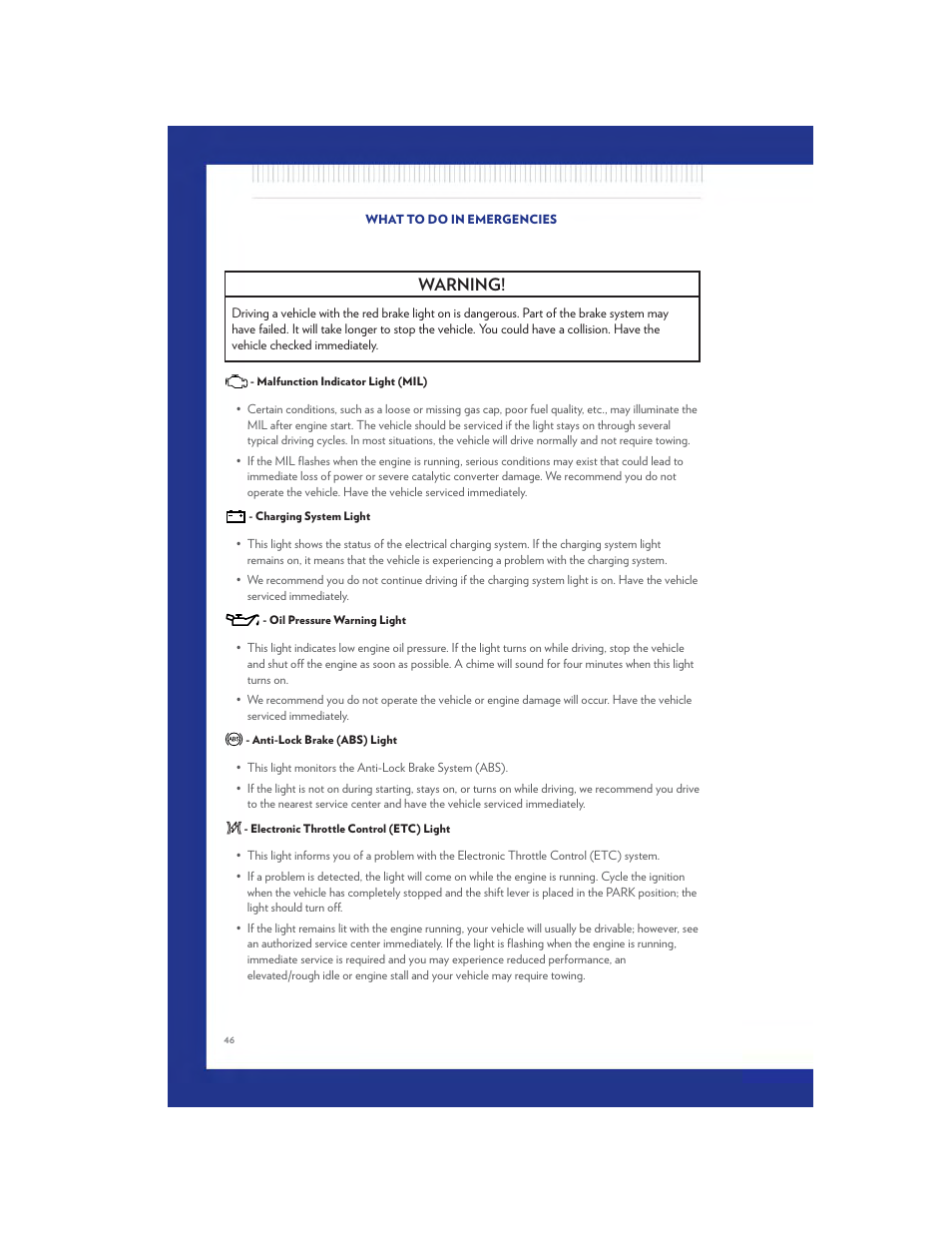 Malfunction indicator light (mil), Charging system light, Oil pressure warning light | Anti-lock brake (abs) light, Electronic throttle control (etc) light, Warning | Chrysler 2011 200 - User Guide User Manual | Page 48 / 76