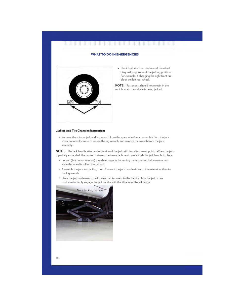 Jacking and tire changing instructions | Chrysler 2011 200 - User Guide User Manual | Page 52 / 76