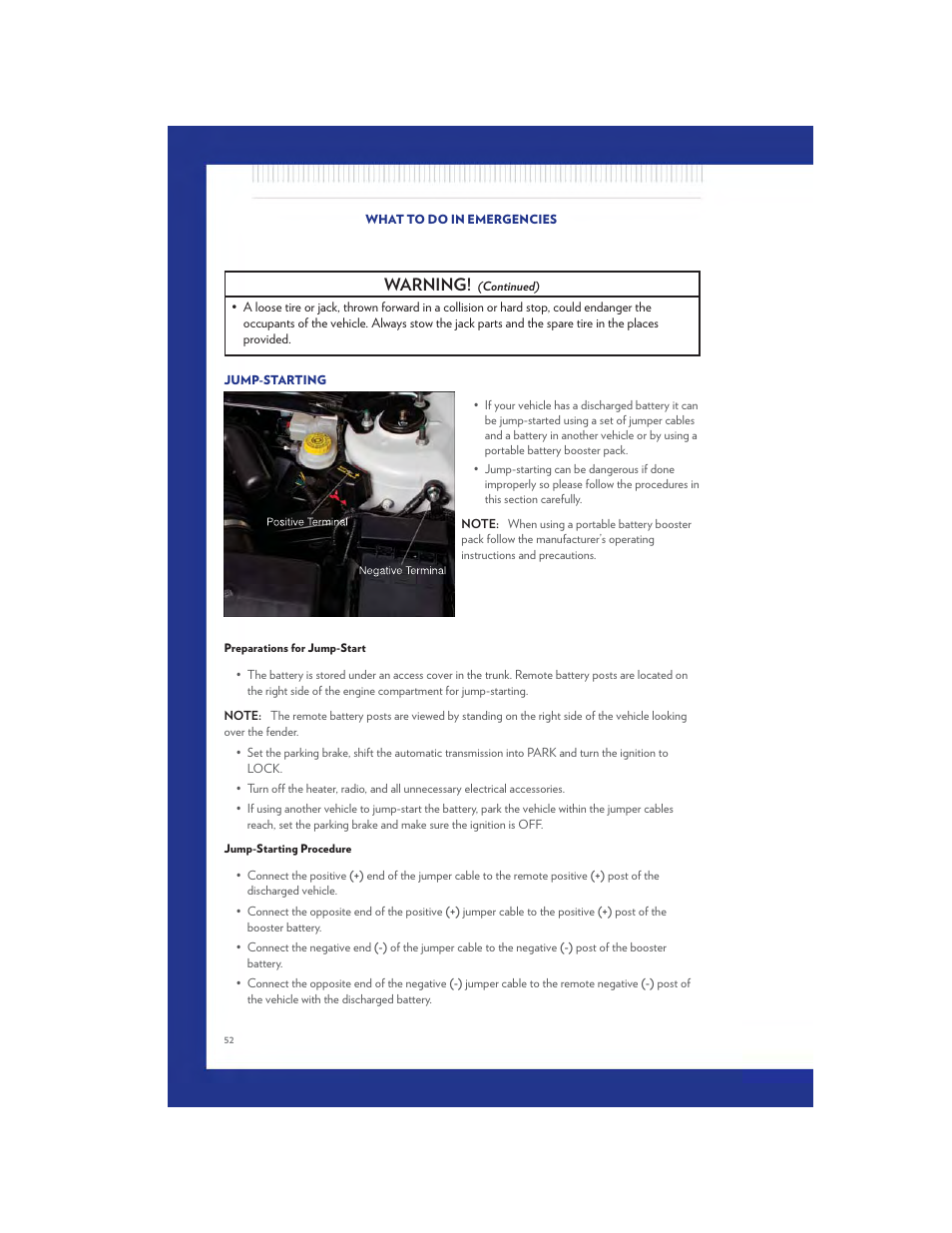 Jump-starting, Preparations for jump-start, Jump-starting procedure | Warning | Chrysler 2011 200 - User Guide User Manual | Page 54 / 76