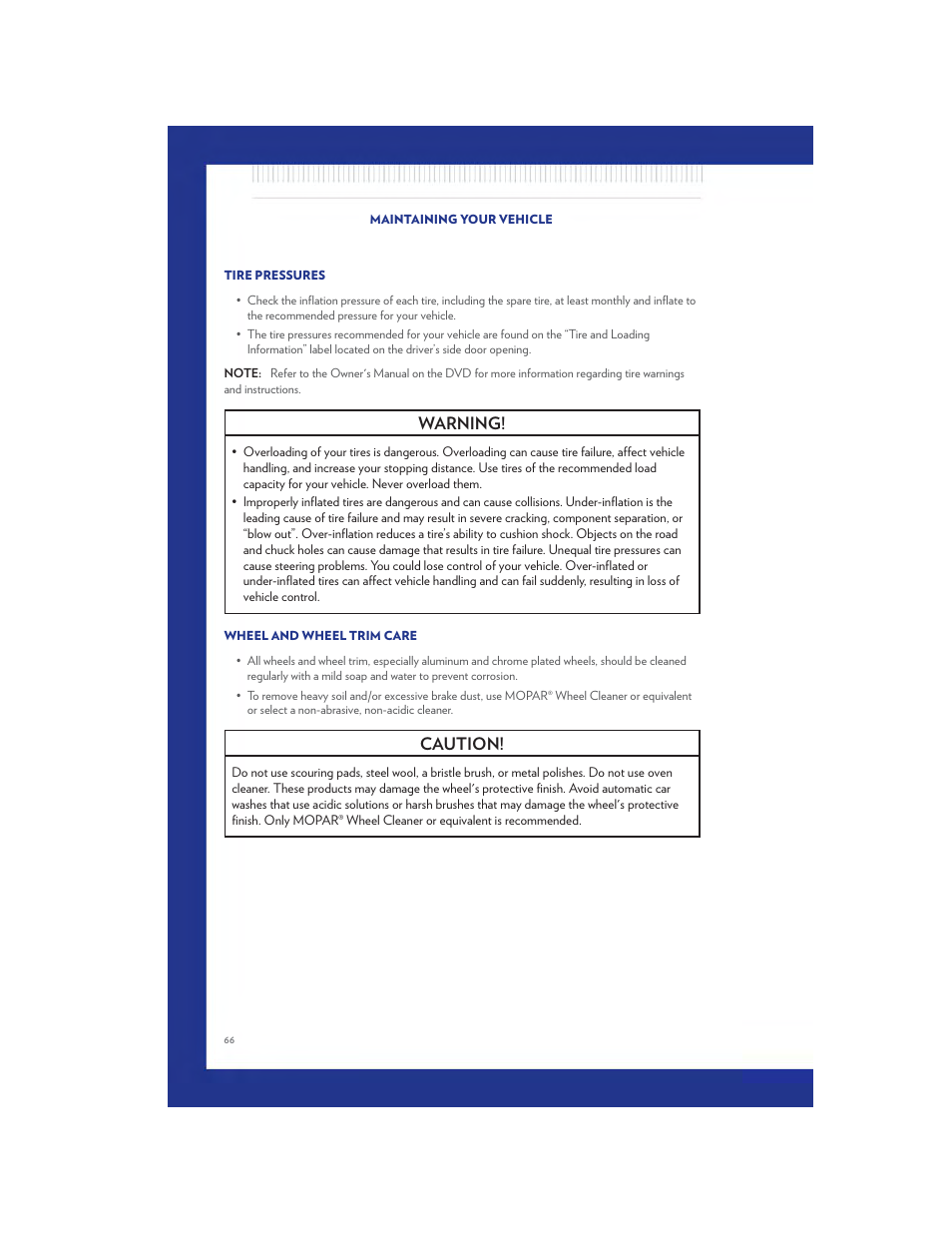 Tire pressures, Wheel and wheel trim care, Warning | Caution | Chrysler 2011 200 - User Guide User Manual | Page 68 / 76