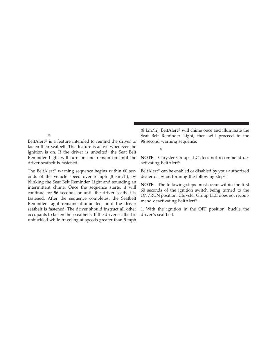 Beltalertĥ programming, Enhanced seat belt use reminder system, Beltalert | Beltalert௡ programming | Chrysler 2011 200 Convertible - Owner Manual User Manual | Page 56 / 505