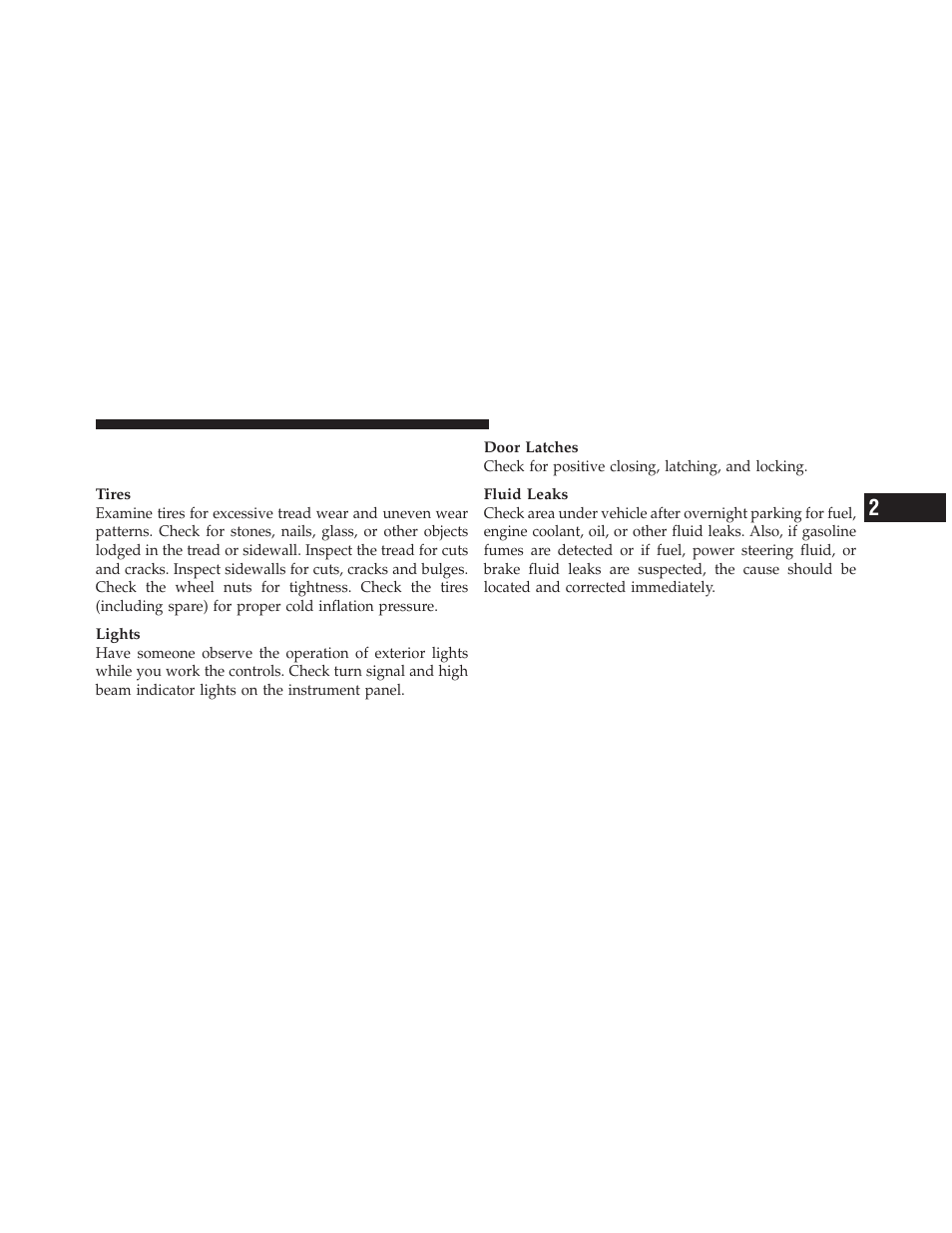 Periodic safety checks you should make, Outside the vehicle | Chrysler 2011 200 Convertible - Owner Manual User Manual | Page 85 / 505