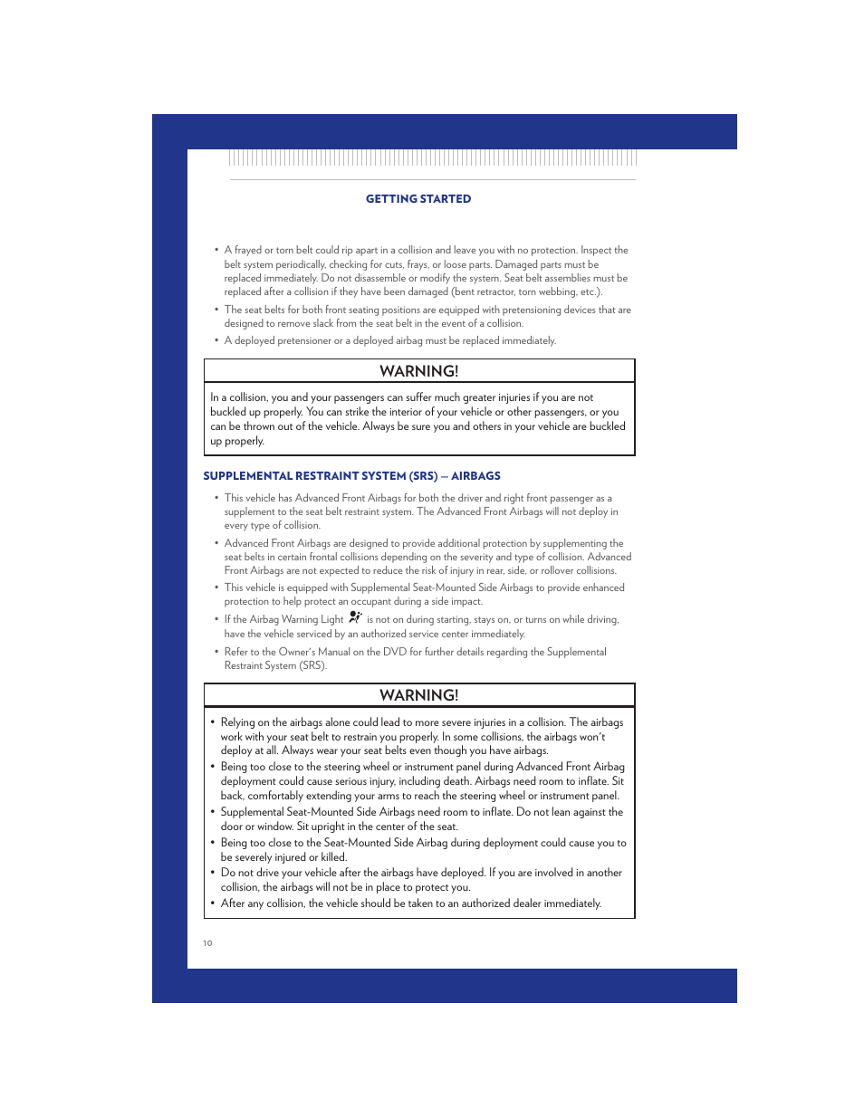 Supplemental restraint system (srs) — airbags, Warning | Chrysler 2011 200 Convertible - User Guide User Manual | Page 12 / 84