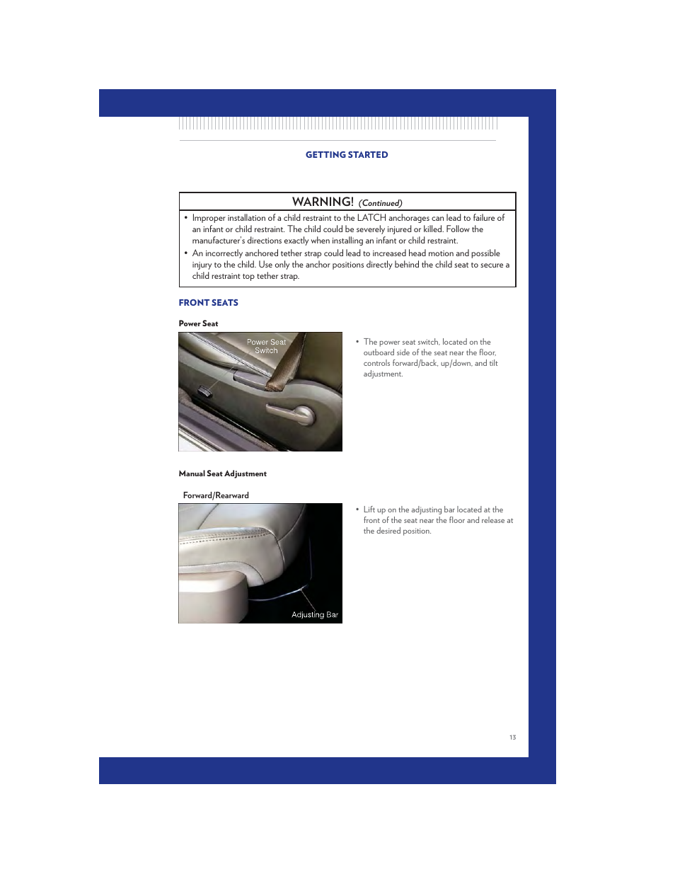 Front seats, Power seat, Manual seat adjustment | Warning | Chrysler 2011 200 Convertible - User Guide User Manual | Page 15 / 84
