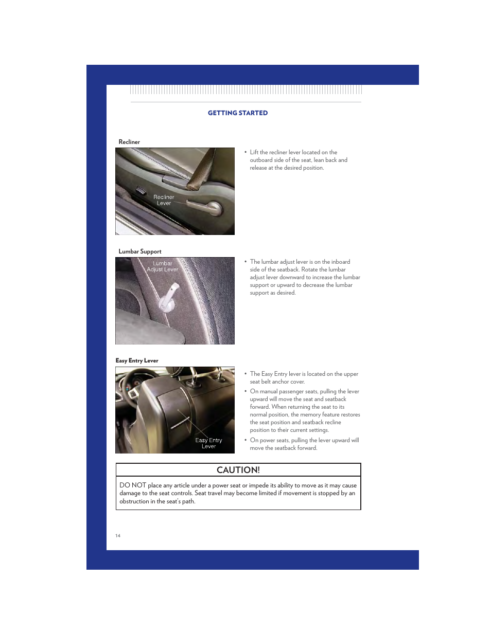 Easy entry lever, Caution | Chrysler 2011 200 Convertible - User Guide User Manual | Page 16 / 84