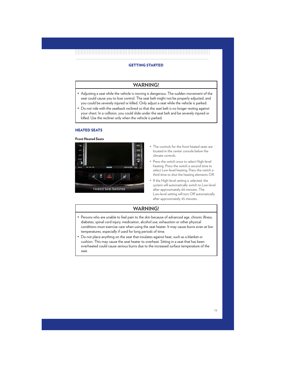 Heated seats, Front heated seats, Warning | Chrysler 2011 200 Convertible - User Guide User Manual | Page 17 / 84