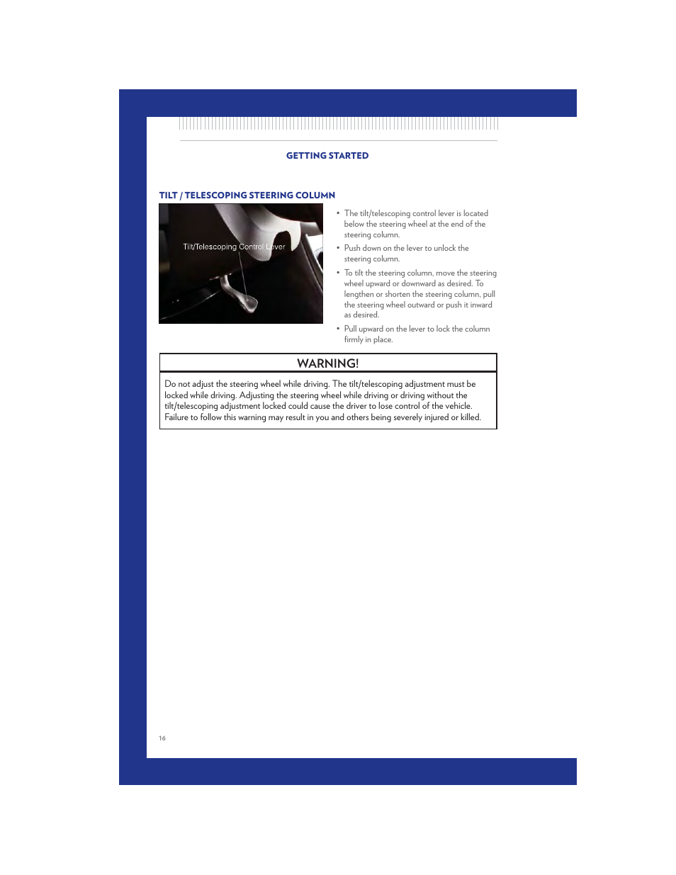 Tilt / telescoping steering column, Warning | Chrysler 2011 200 Convertible - User Guide User Manual | Page 18 / 84