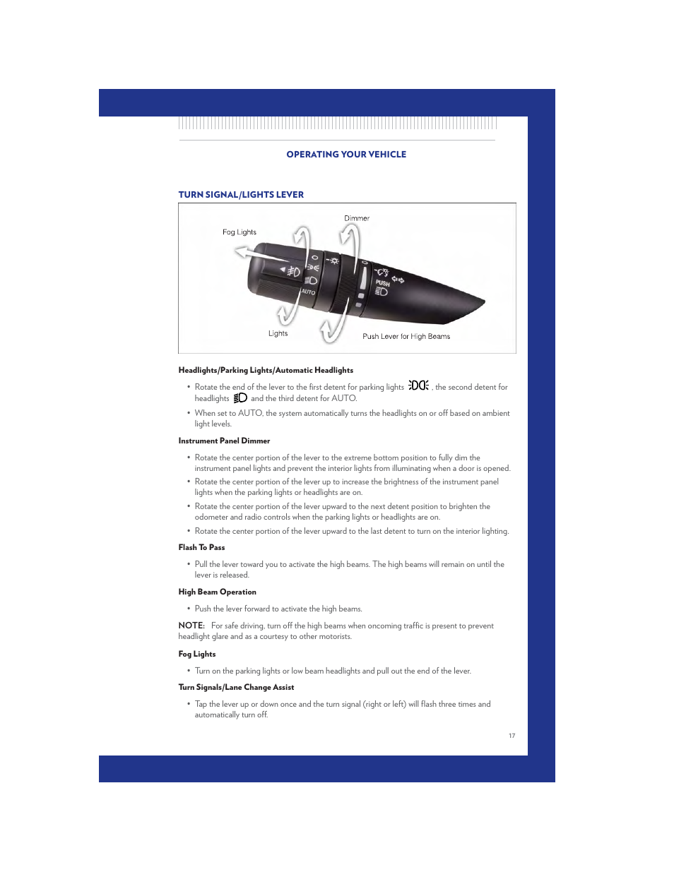 Operating your vehicle, Turn signal/lights lever, Headlights/parking lights/automatic headlights | Instrument panel dimmer, Flash to pass, High beam operation, Fog lights, Turn signals/lane change assist | Chrysler 2011 200 Convertible - User Guide User Manual | Page 19 / 84