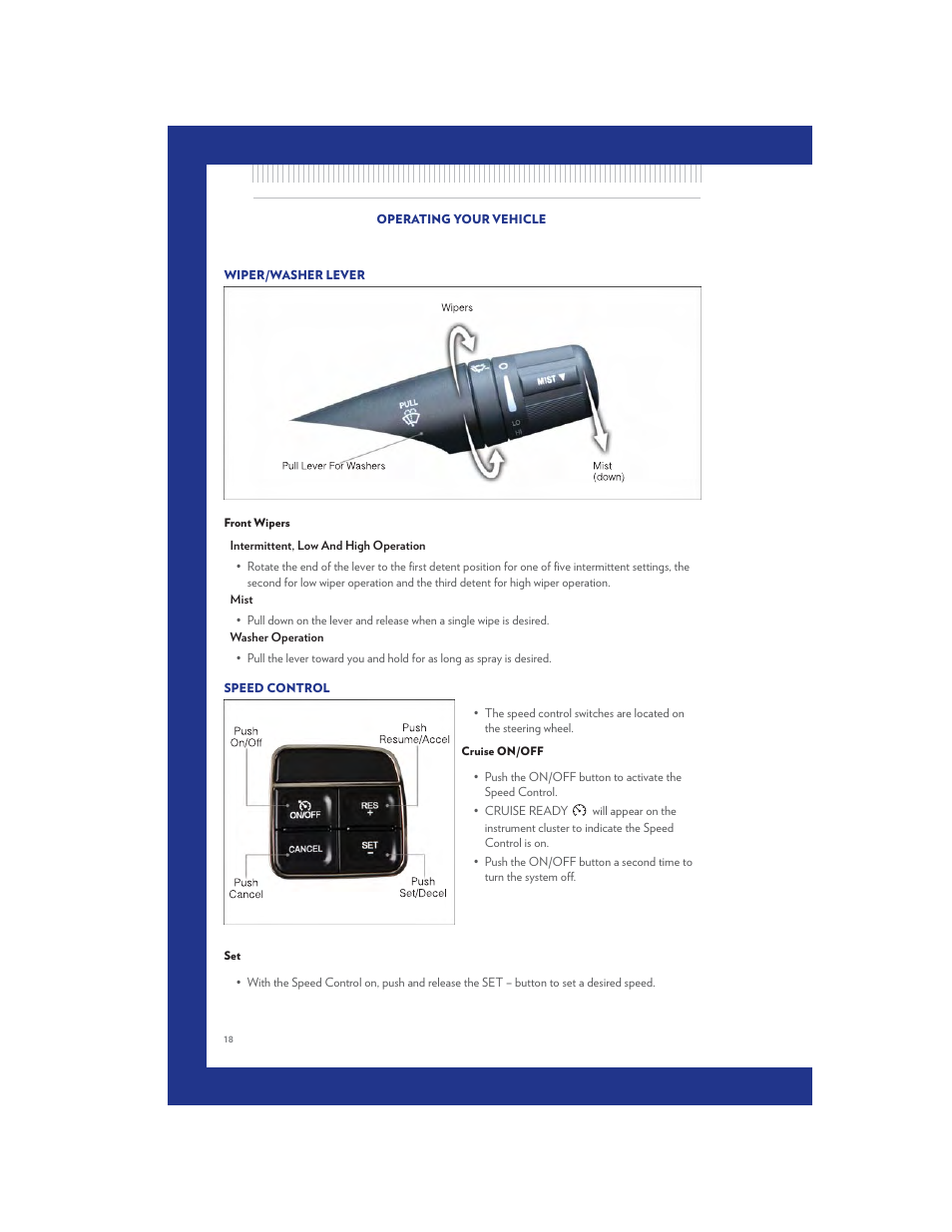Wiper/washer lever, Front wipers, Speed control | Cruise on/off | Chrysler 2011 200 Convertible - User Guide User Manual | Page 20 / 84