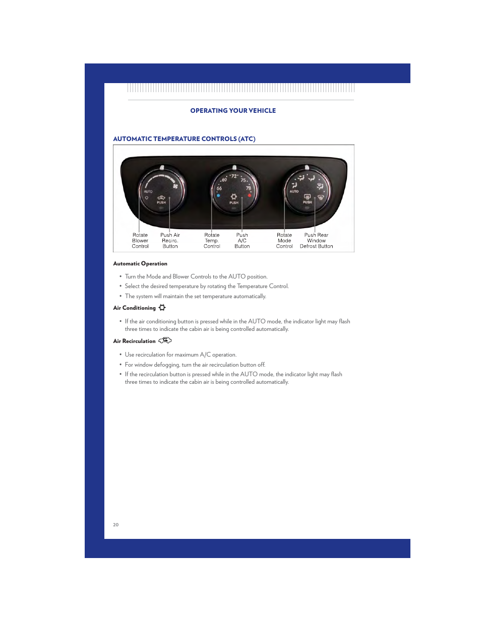 Automatic temperature controls (atc), Automatic operation, Air conditioning | Air recirculation | Chrysler 2011 200 Convertible - User Guide User Manual | Page 22 / 84