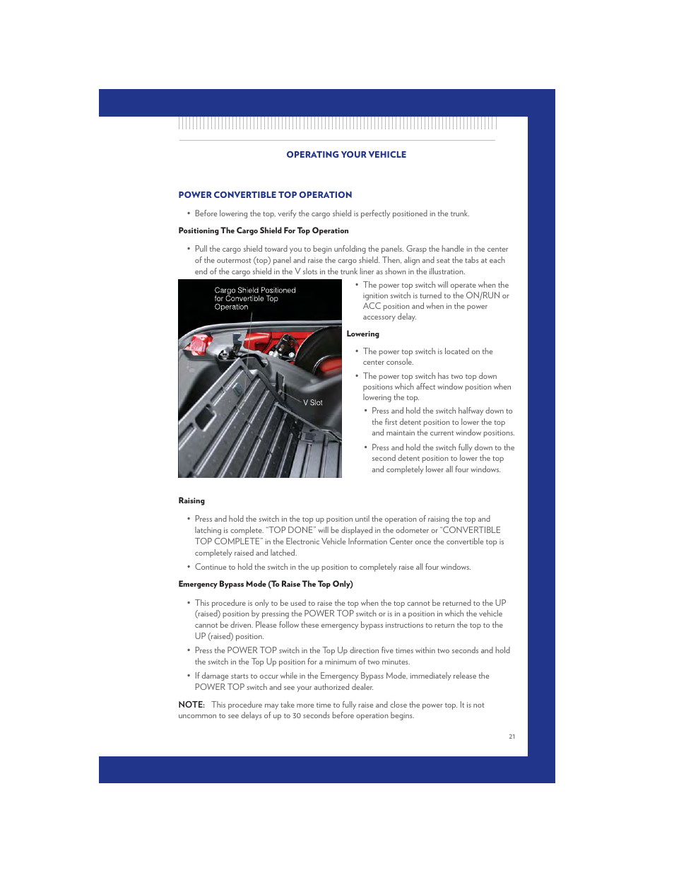 Power convertible top operation, Positioning the cargo shield for top operation, Lowering | Raising, Emergency bypass mode (to raise the top only) | Chrysler 2011 200 Convertible - User Guide User Manual | Page 23 / 84