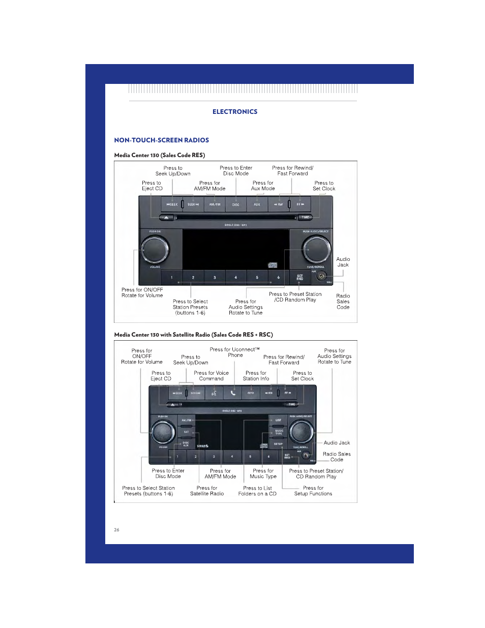 Non-touch-screen radios, Media center 130 (sales code res) | Chrysler 2011 200 Convertible - User Guide User Manual | Page 28 / 84