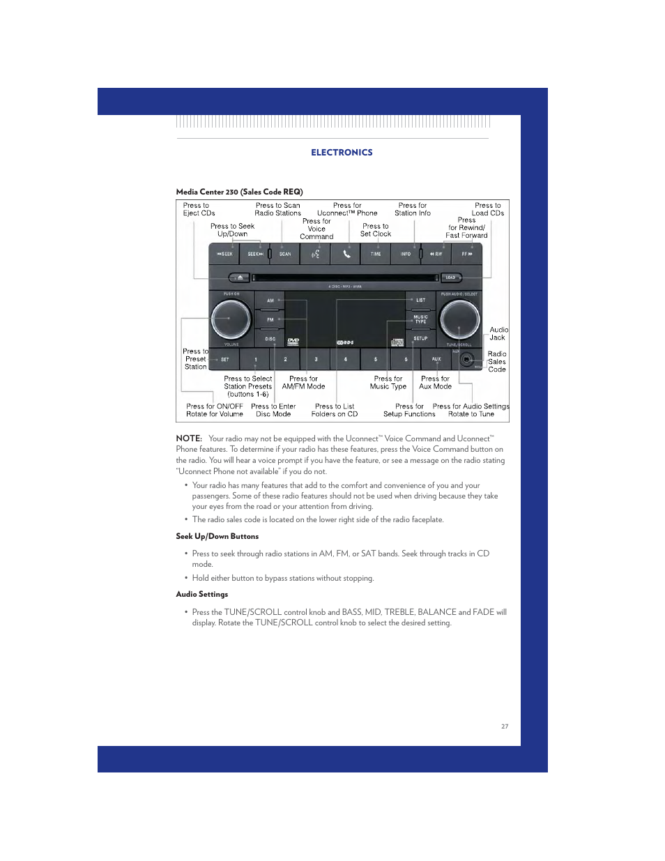 Media center 230 (sales code req), Seek up/down buttons, Audio settings | Chrysler 2011 200 Convertible - User Guide User Manual | Page 29 / 84