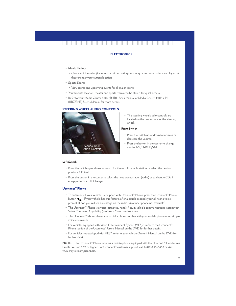 Steering wheel audio controls, Right switch, Left switch | Uconnect™ phone | Chrysler 2011 200 Convertible - User Guide User Manual | Page 37 / 84