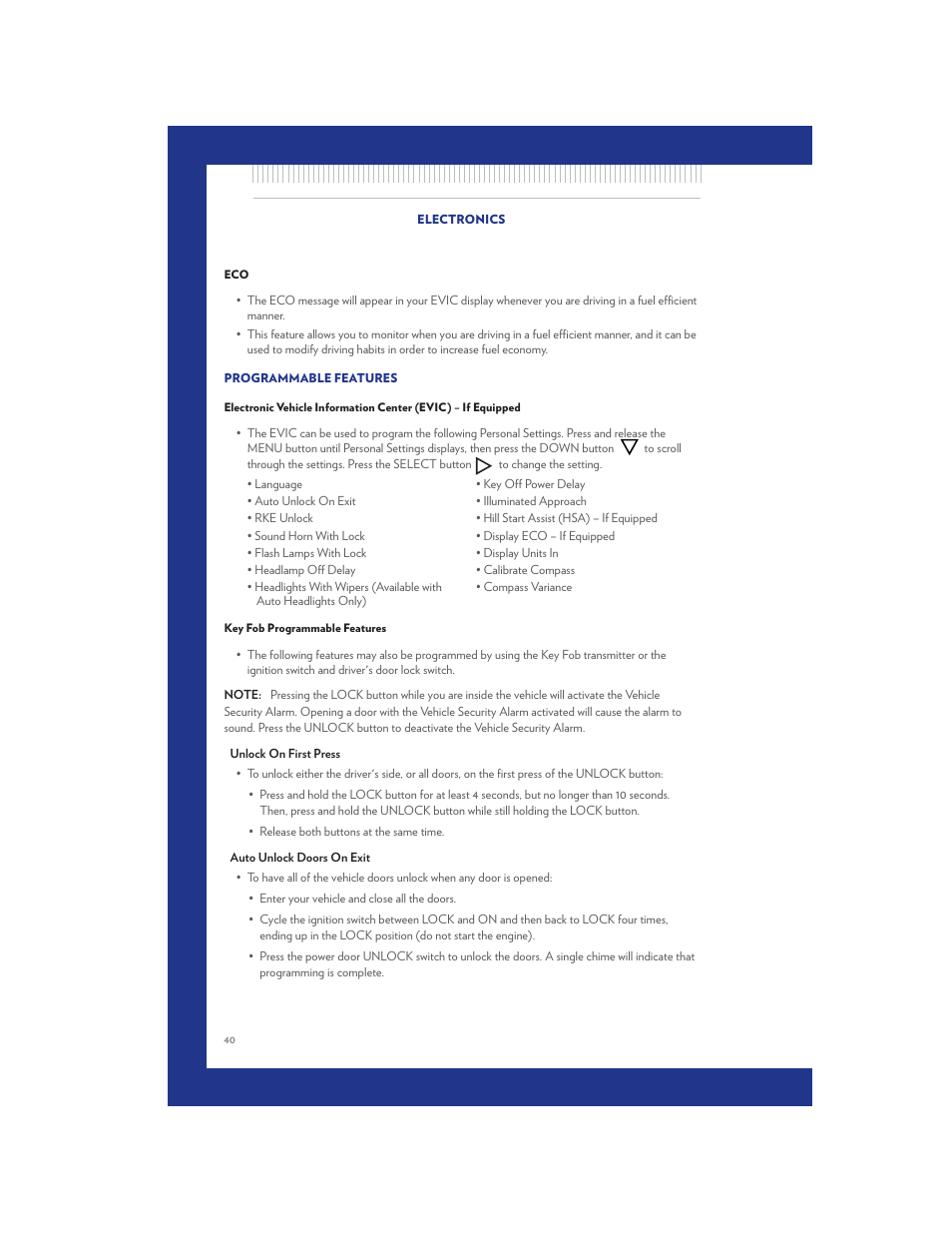 Programmable features, Key fob programmable features | Chrysler 2011 200 Convertible - User Guide User Manual | Page 42 / 84