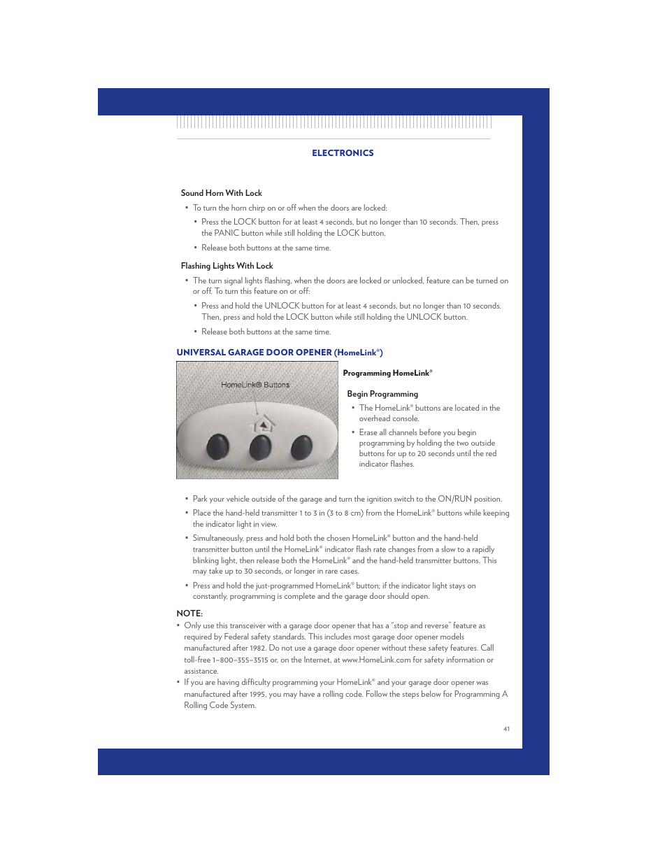 Universal garage door opener (homelink®), Programming homelink | Chrysler 2011 200 Convertible - User Guide User Manual | Page 43 / 84