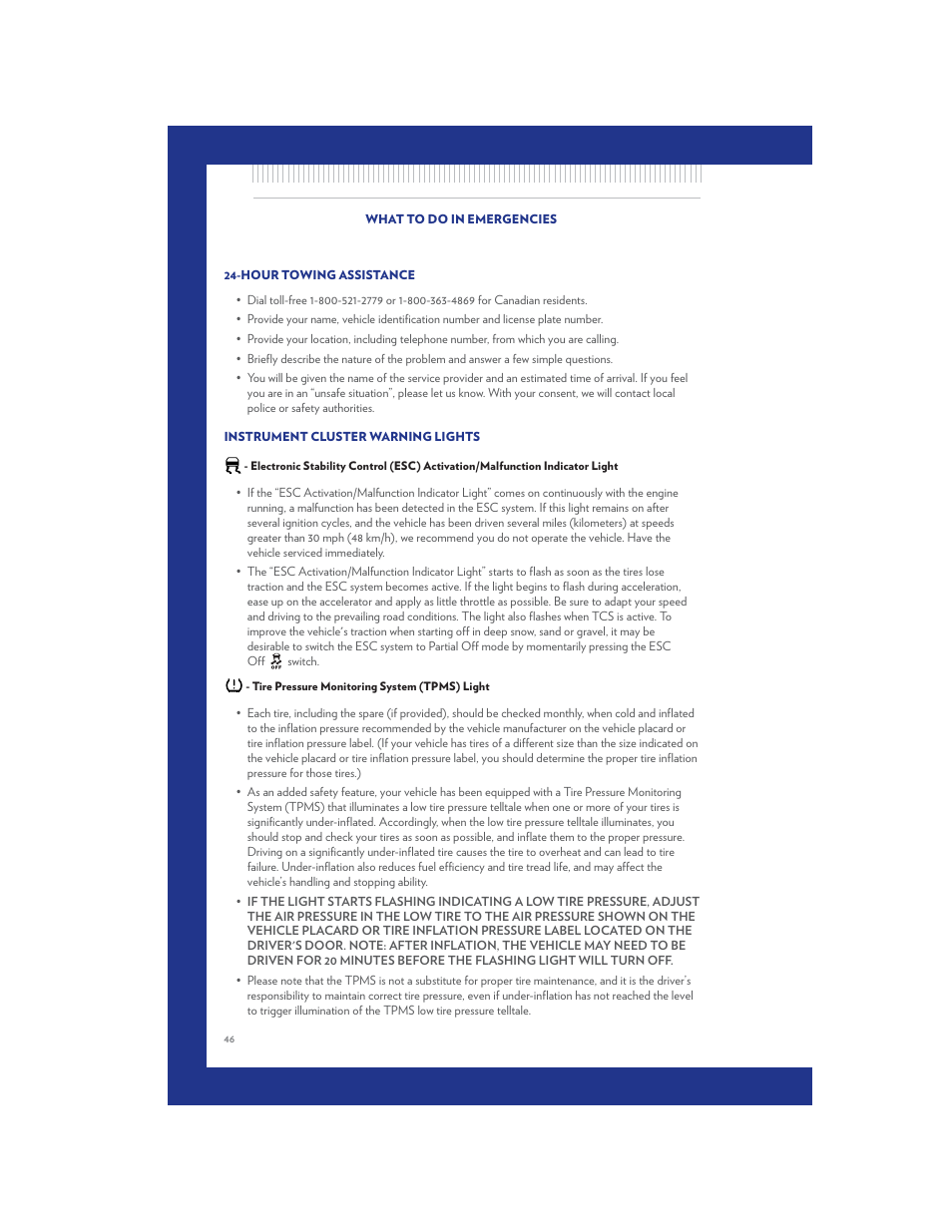 What to do in emergencies, Hour towing assistance, Instrument cluster warning lights | Tire pressure monitoring system (tpms) light | Chrysler 2011 200 Convertible - User Guide User Manual | Page 48 / 84